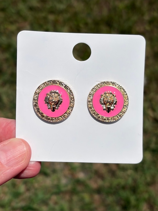 Fashion Jewelry Jewelry - Gold Lion Head Pink Enamel Stud Earrings - Women Jewelry